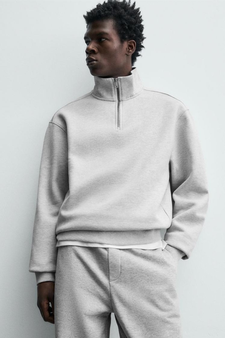 Zara BASIC QUARTER-ZIP SWEATSHIRT — Grey marl
