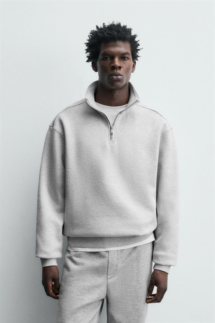 Zara BASIC QUARTER-ZIP SWEATSHIRT — Grey marl