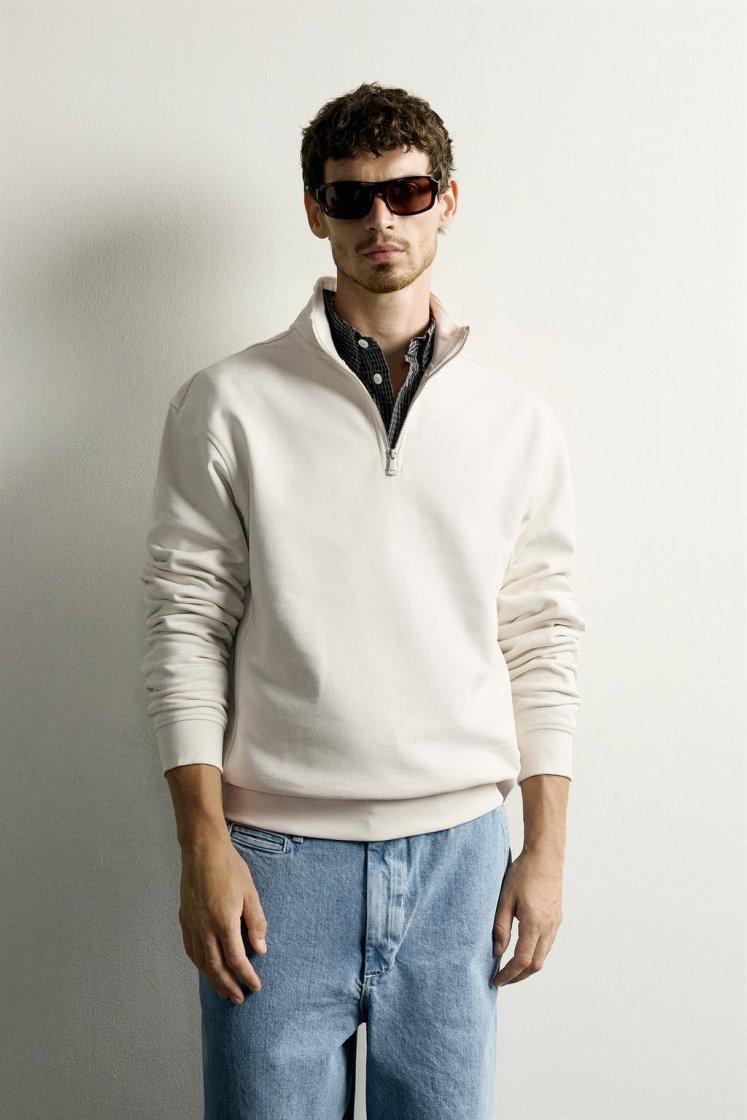 Zara BASIC QUARTER-ZIP SWEATSHIRT — Oyster-white