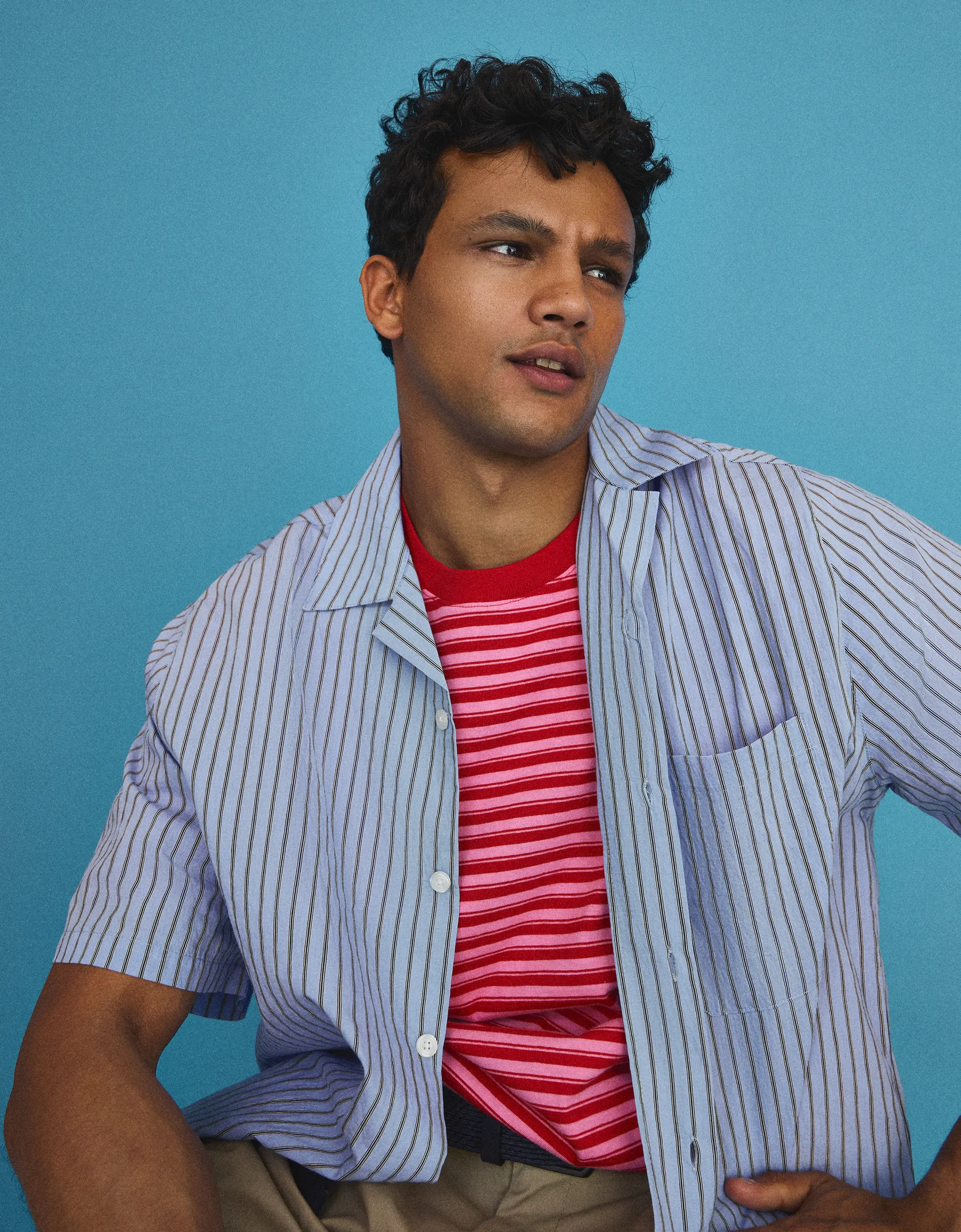 Bershka Chemise à rayures manches courtes — Bleu clair