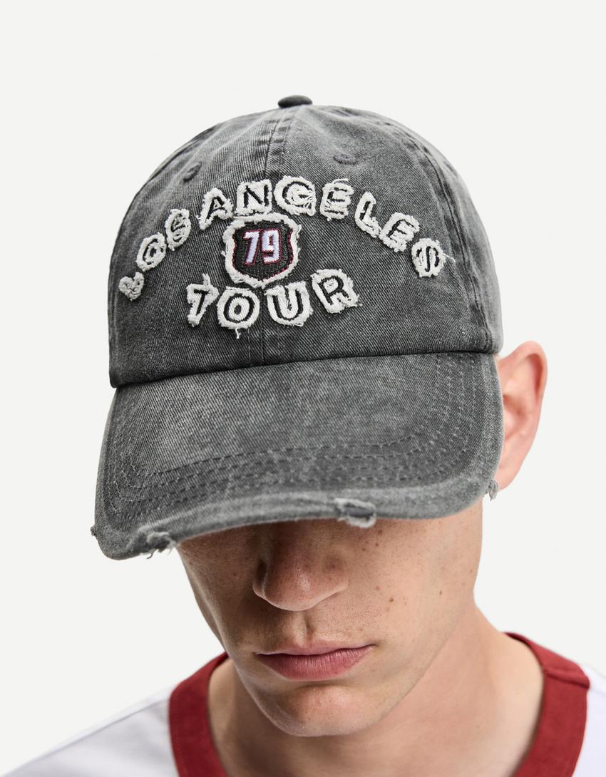Bershka Distressed Embroidered Baseball — Charcoal
