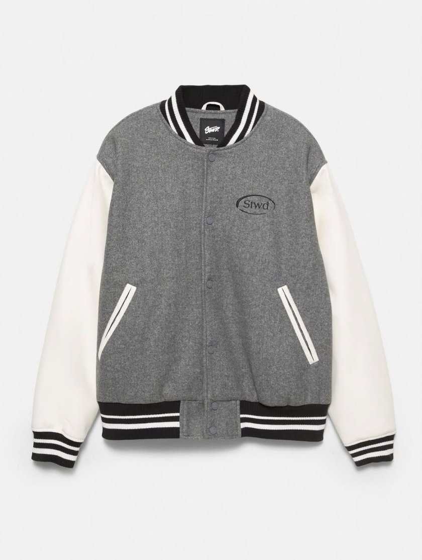 Pull&Bear Varsity Jacket with Patches — Grey