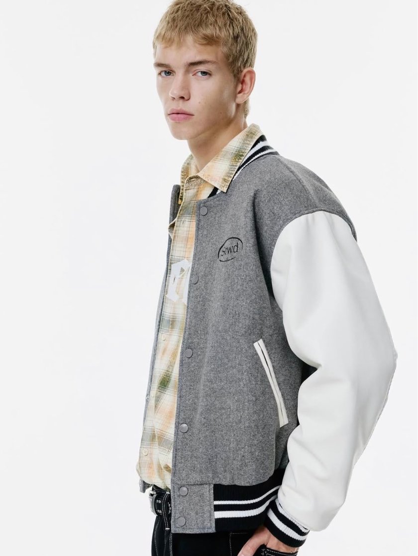 Pull&Bear Varsity Jacket with Patches — Grey