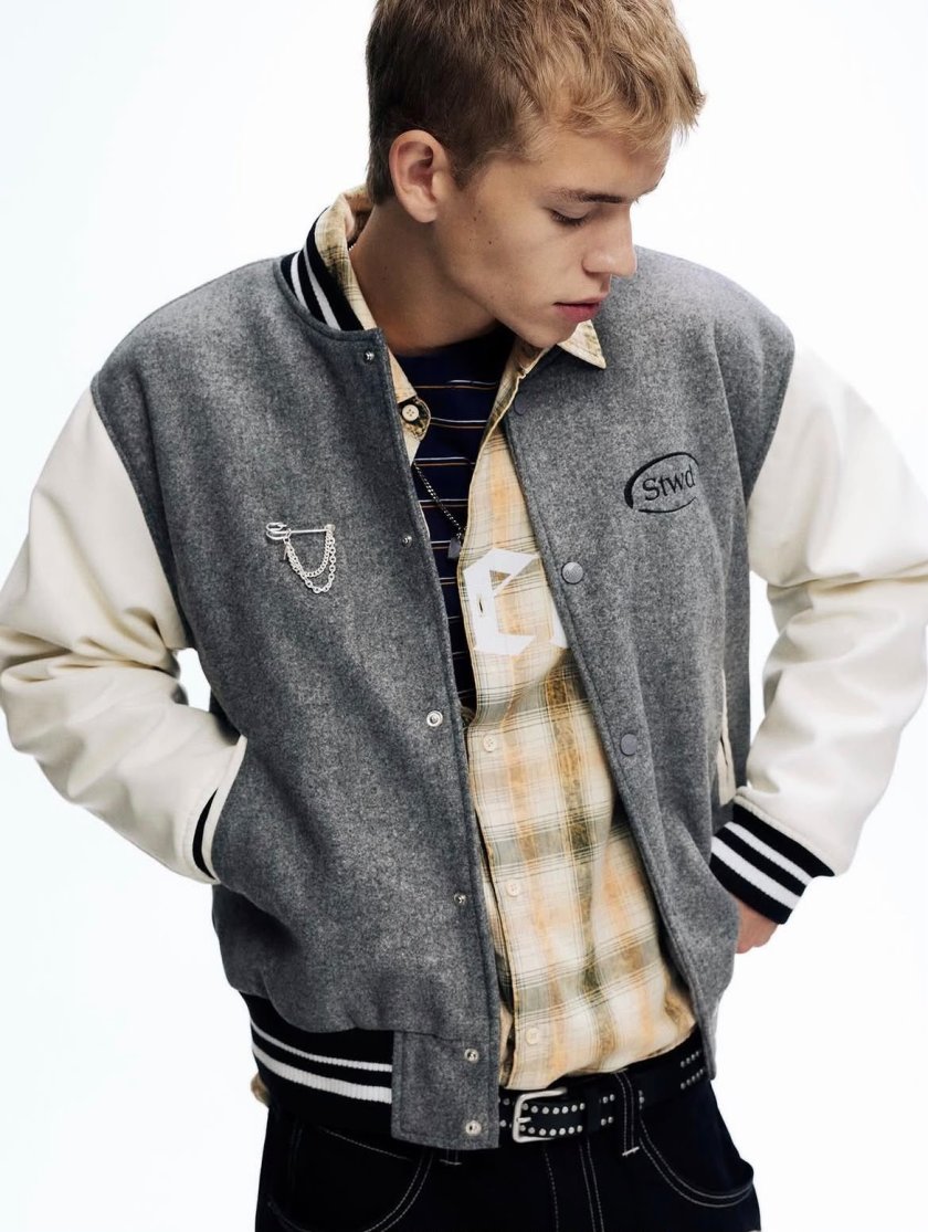 Pull&Bear Varsity Jacket with Patches — Grey