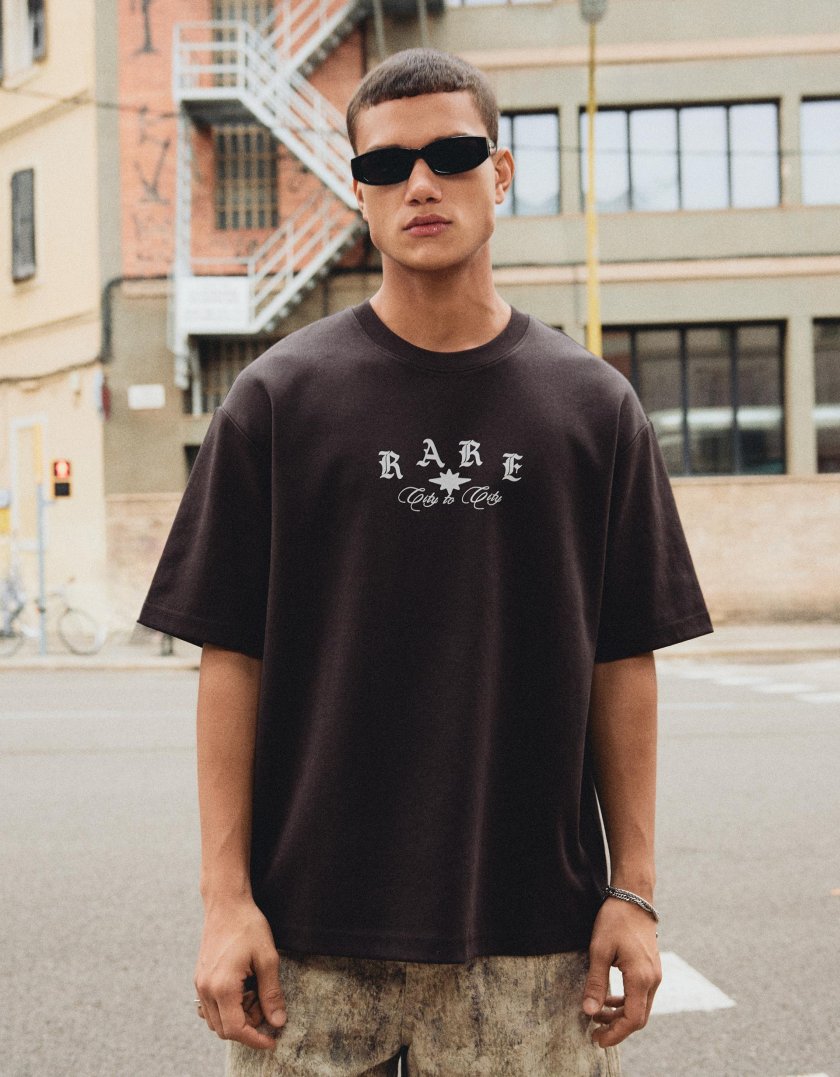 Bershka Printed short sleeve plush T-shirt — Dark Grey