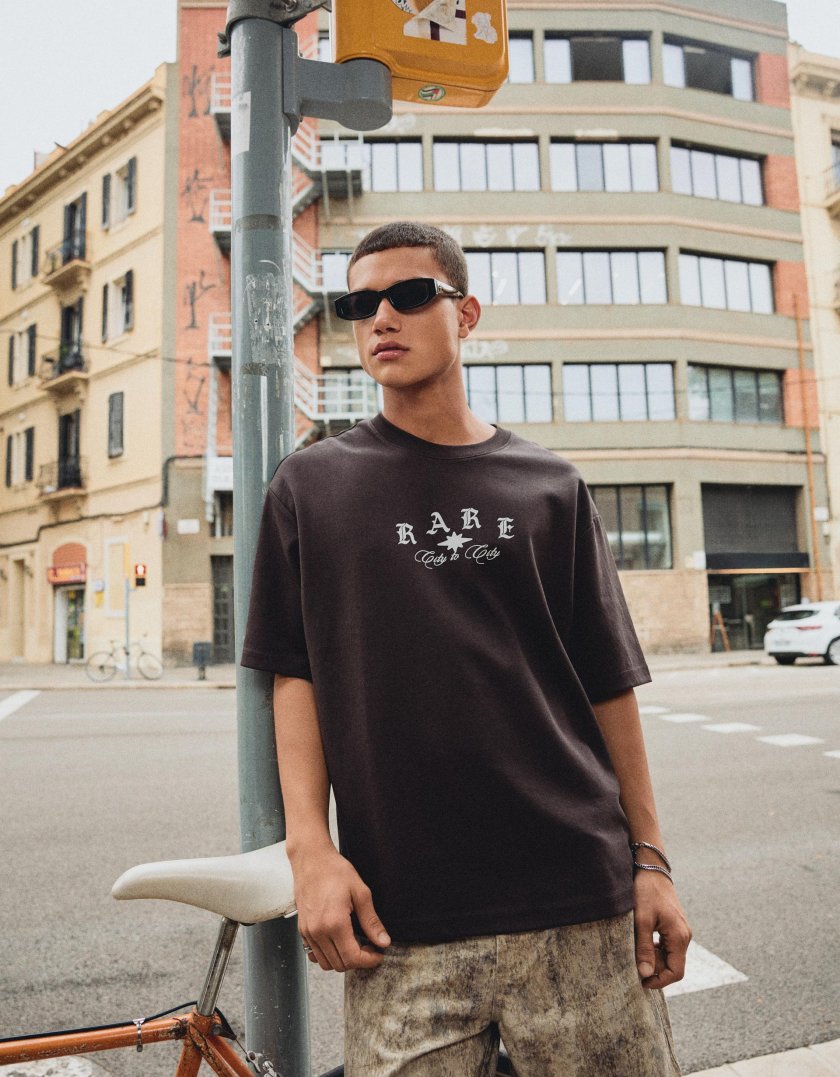 Bershka Printed short sleeve plush T-shirt — Dark Grey