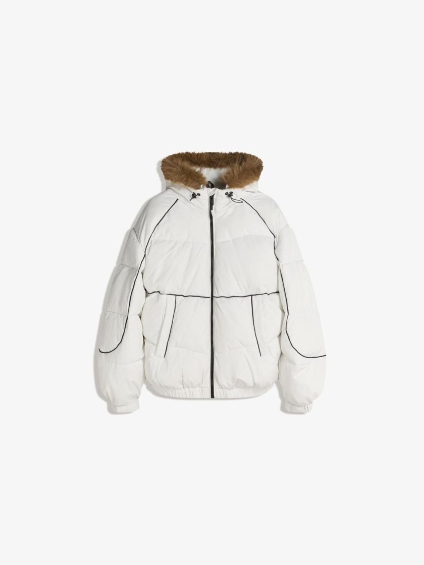 Bershka Puffer Jacket Faux Fur Hood — White
