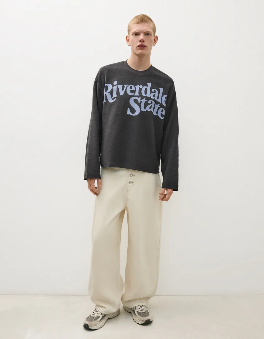 Bershka Plush Printed Sweatshirt — Navy
