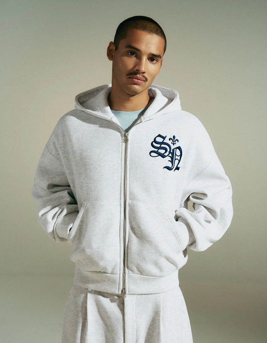 Embroidered waffle-knit hood sweatshirt
