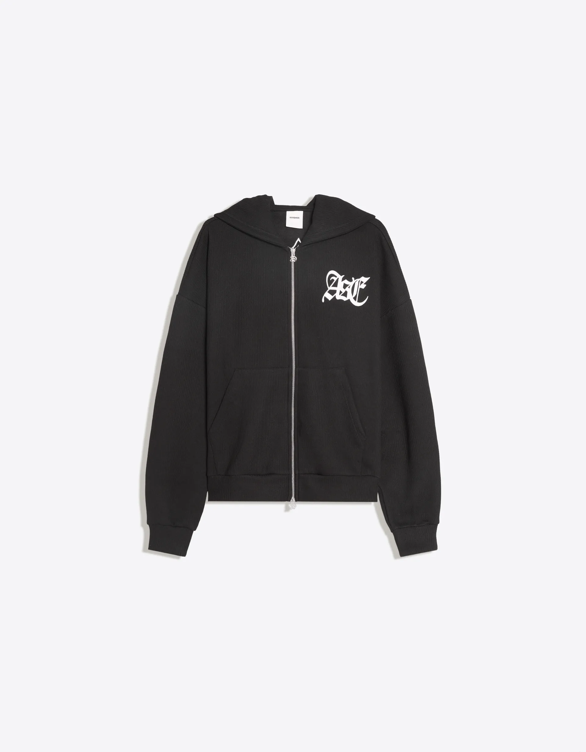 Bershka Embroidered waffle-knit hood sweatshirt — Black