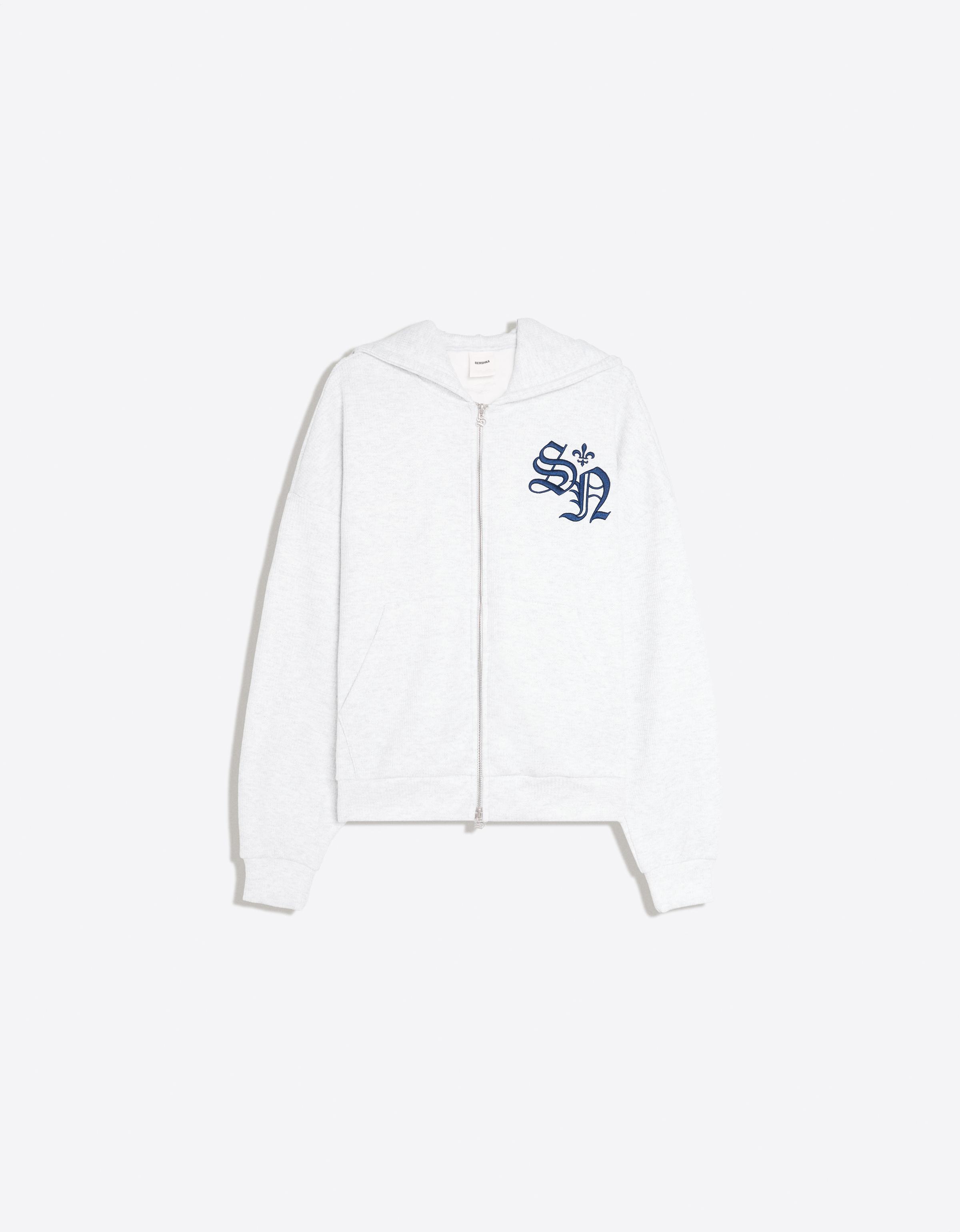 Bershka Embroidered waffle-knit hood sweatshirt — Grey