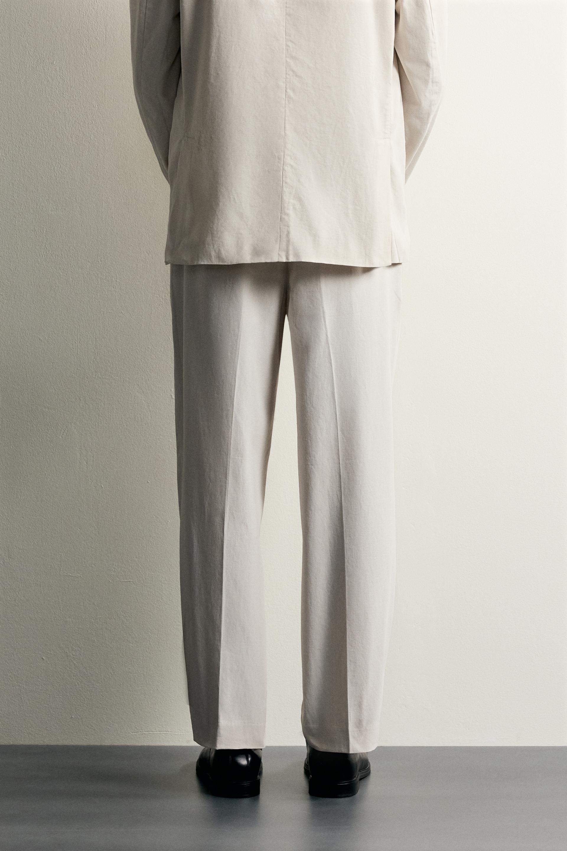 Zara Relaxed Faded Cotton-Linen Trous — Beige