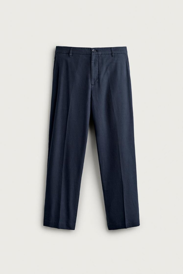 Zara Relaxed Faded Cotton-Linen Trous — Navy