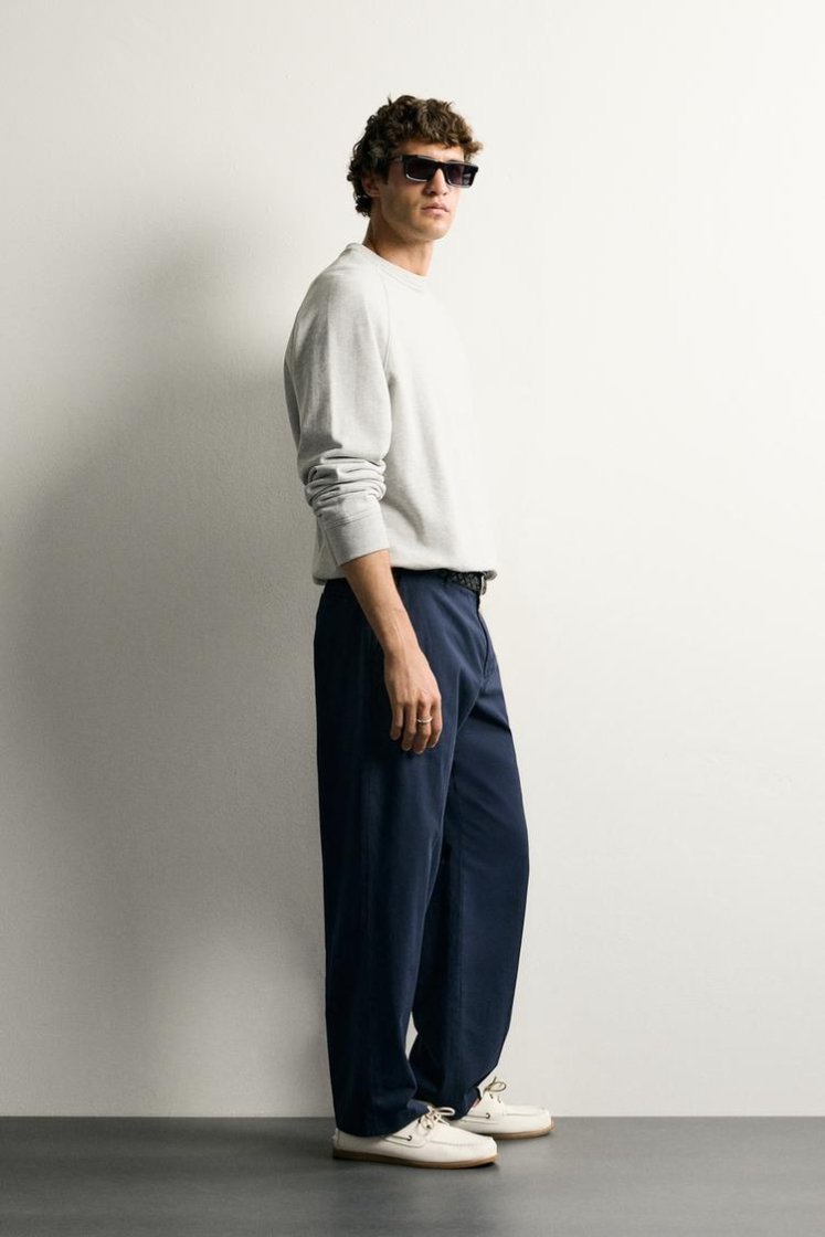 Zara Relaxed Faded Cotton-Linen Trous — Navy