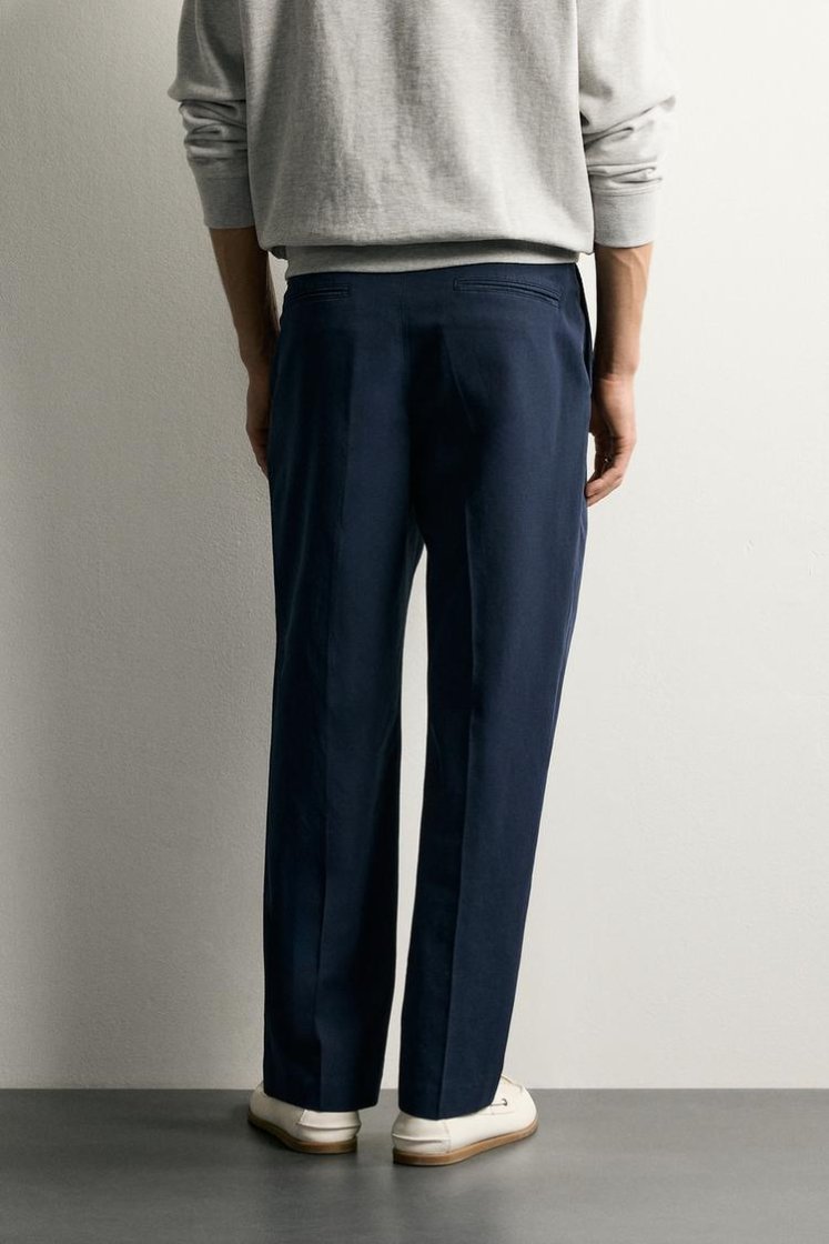 Zara Relaxed Faded Cotton-Linen Trous — Navy