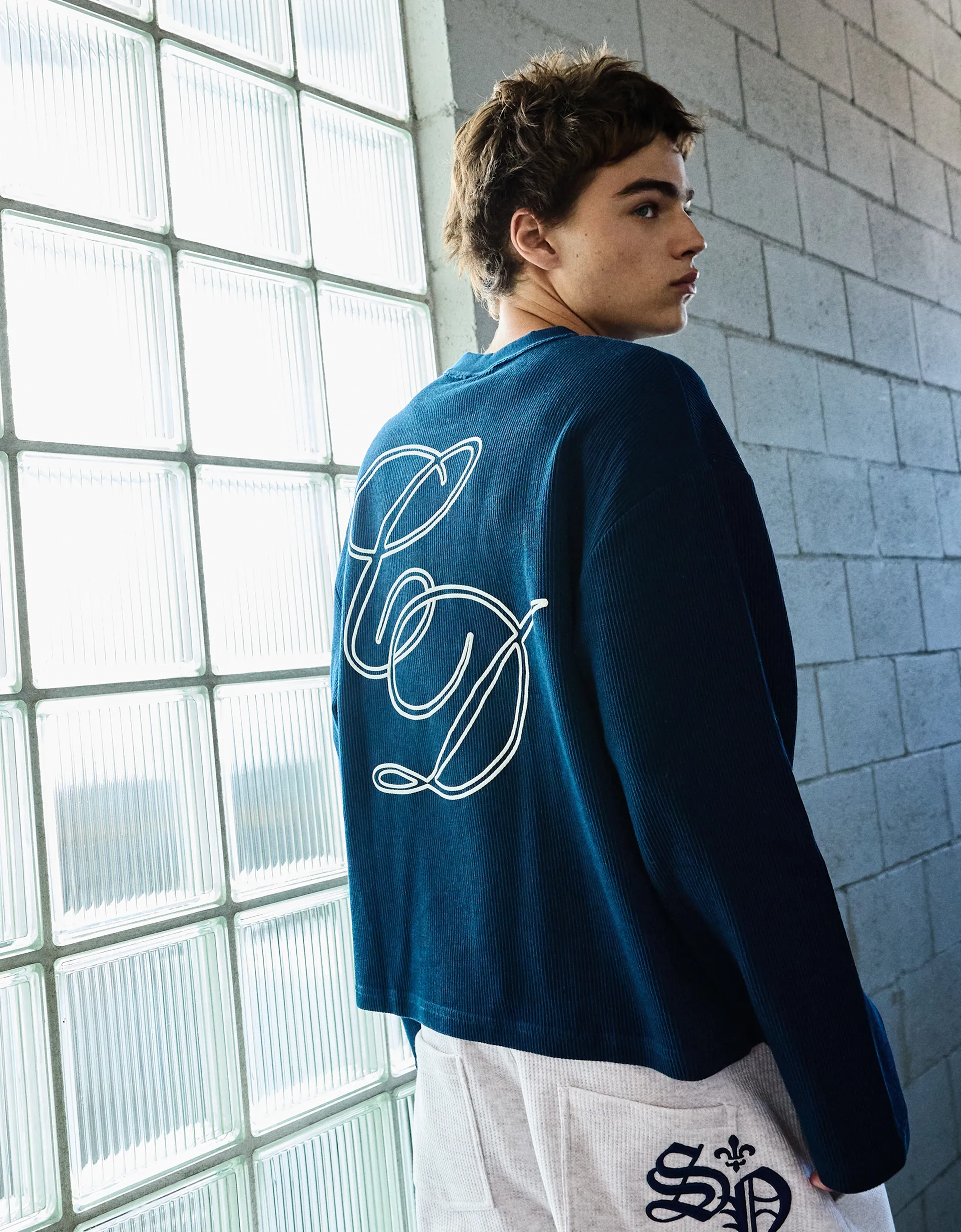 Bershka Ribbed Long-Sleeve Tee — Navy