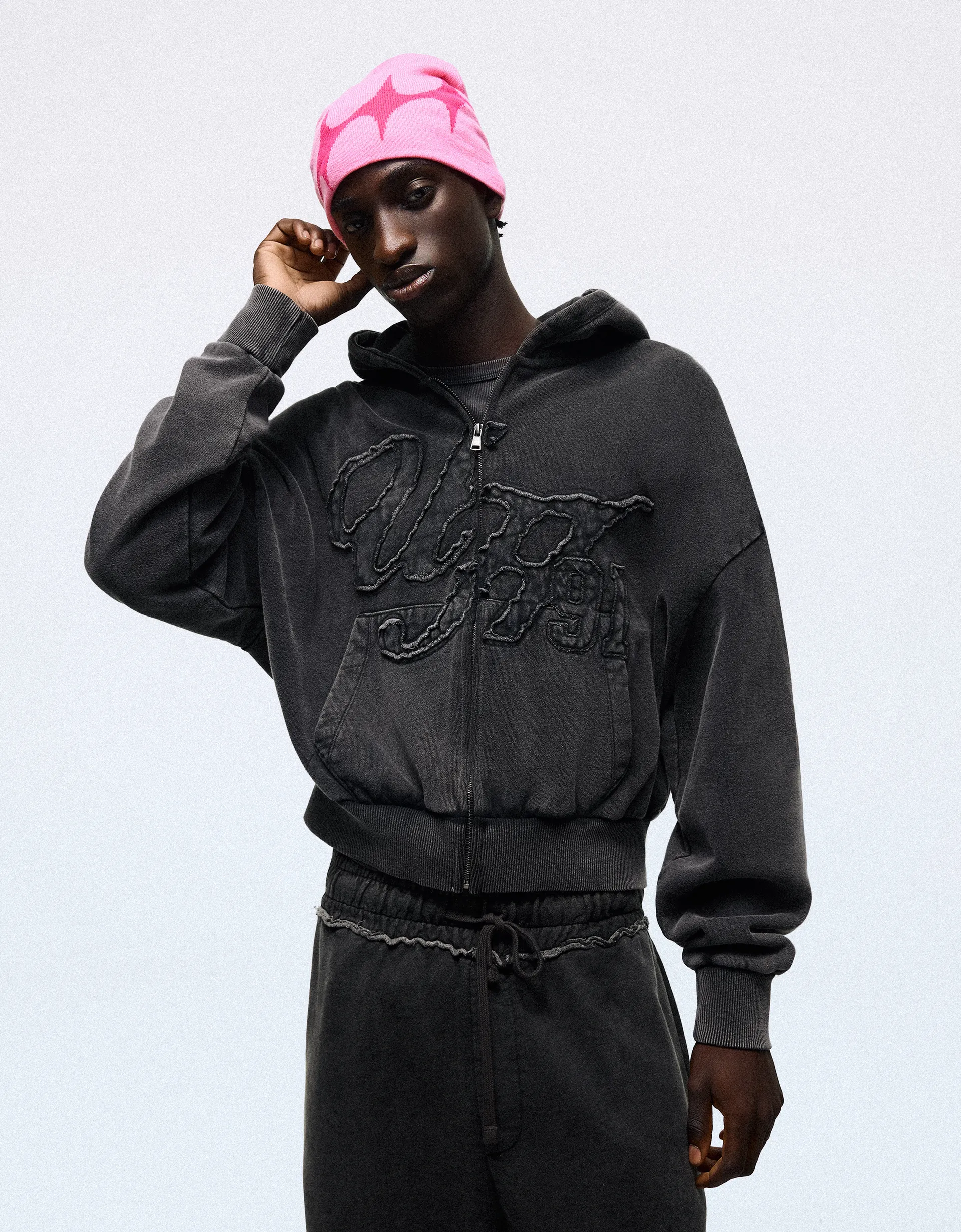 Washed zip-up sweatshirt with hood