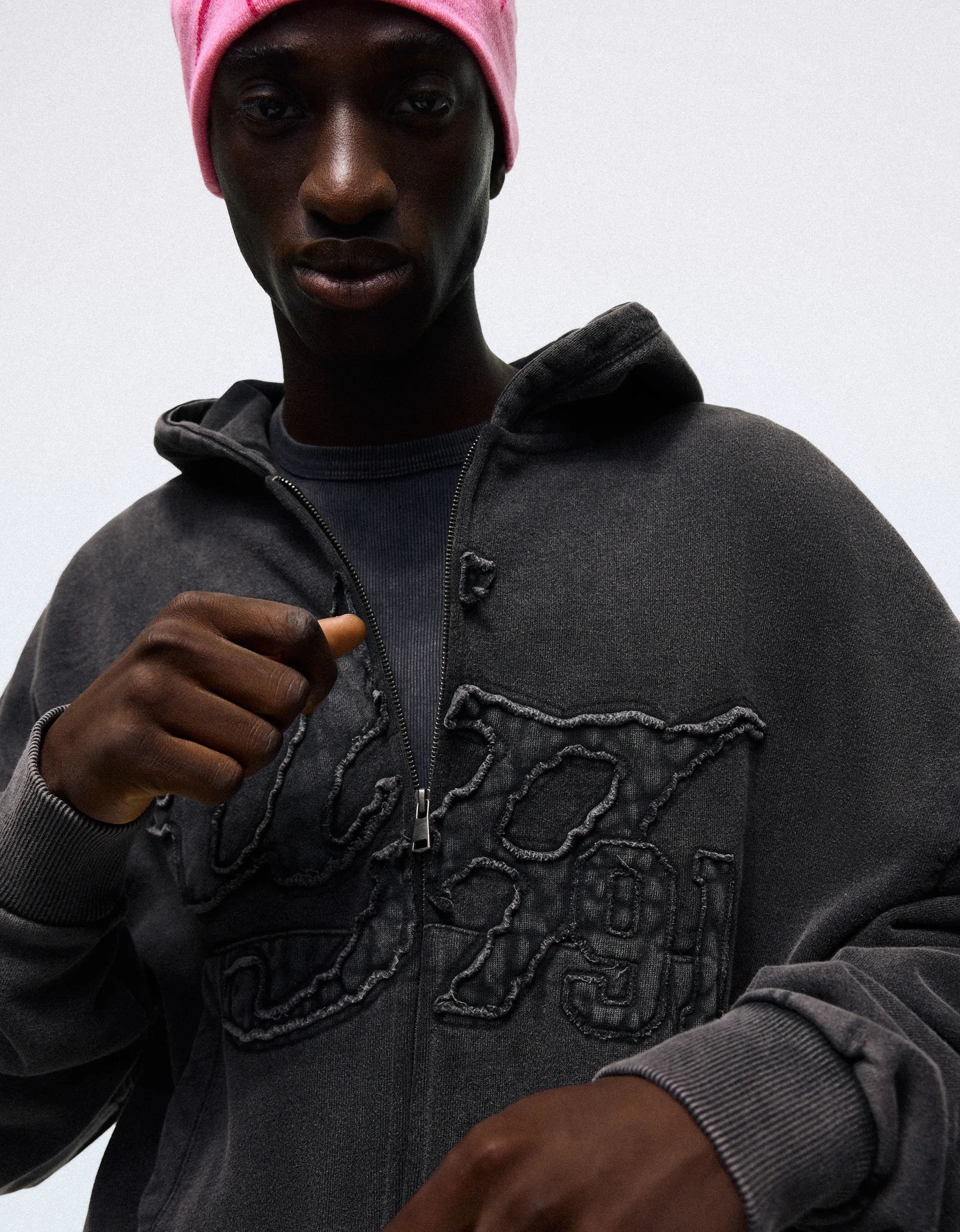 Bershka Washed zip-up sweatshirt with hood — Grey