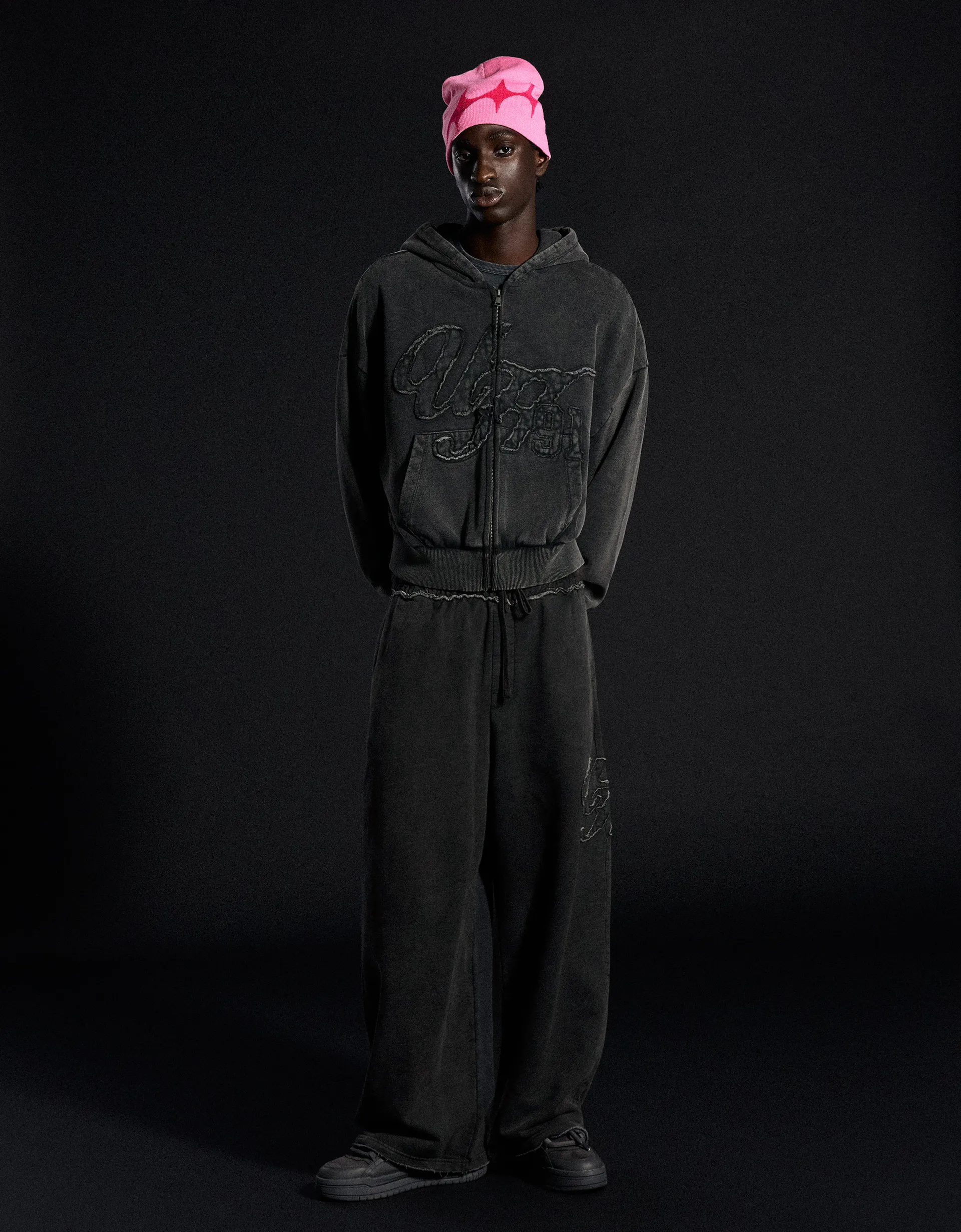 Bershka Washed zip-up sweatshirt with hood — Grey