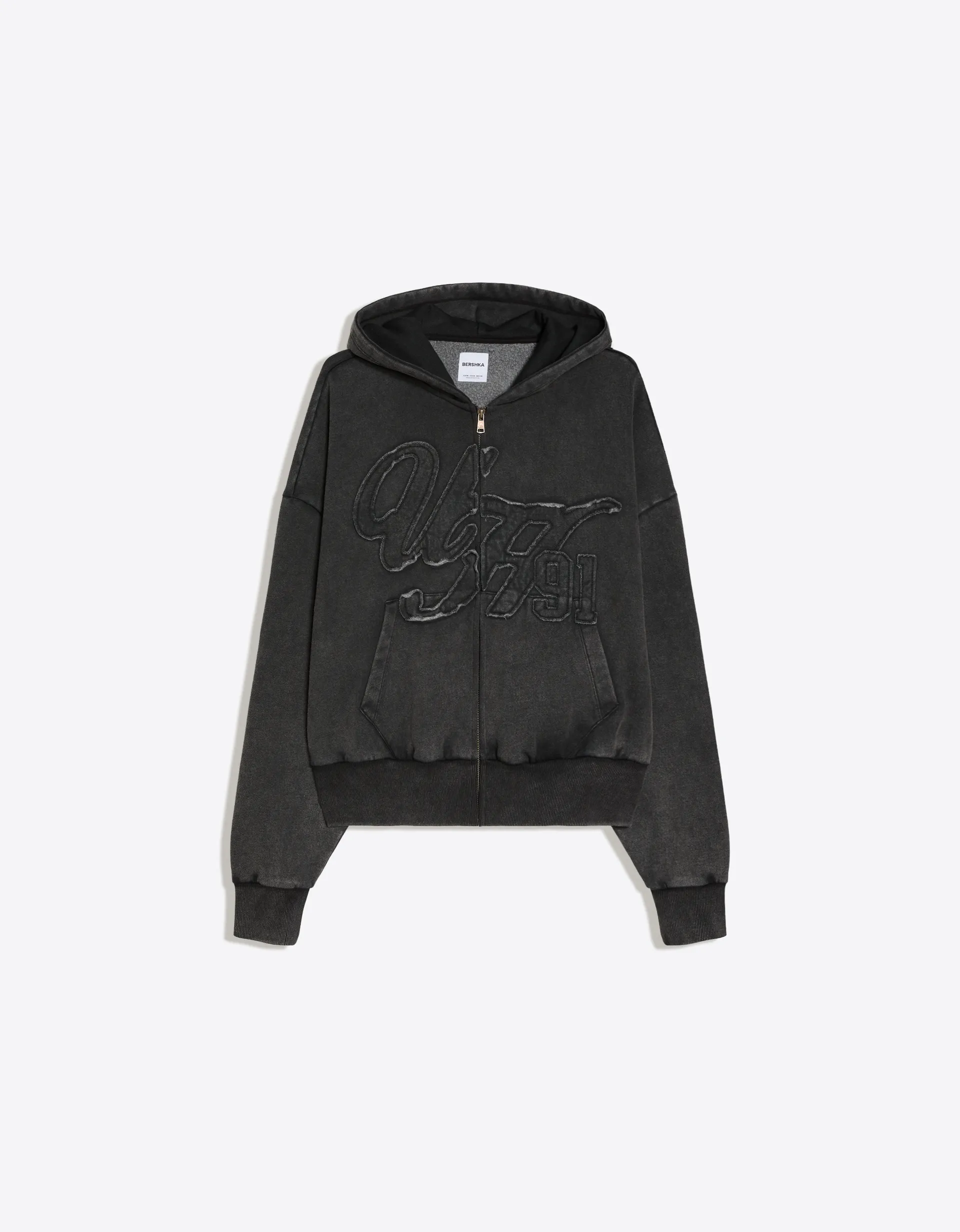 Bershka Washed zip-up sweatshirt with hood — Grey