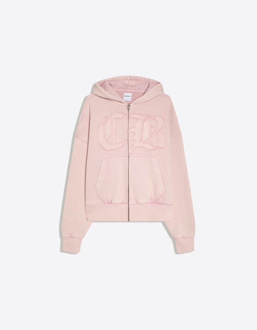 Bershka Washed zip-up sweatshirt with hood — Light Pink