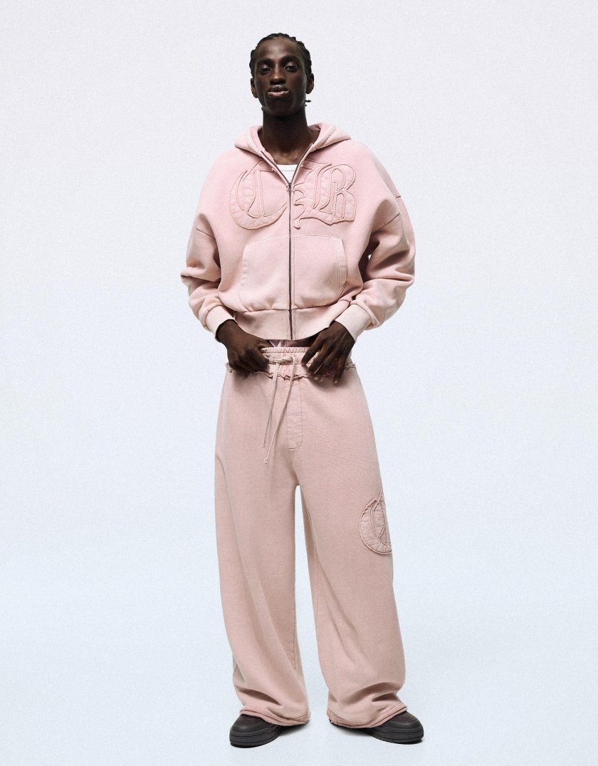 Bershka Washed zip-up sweatshirt with hood — Light Pink