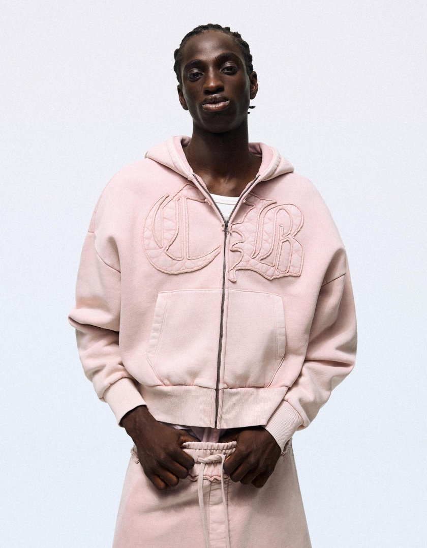 Bershka Washed zip-up sweatshirt with hood — Light Pink