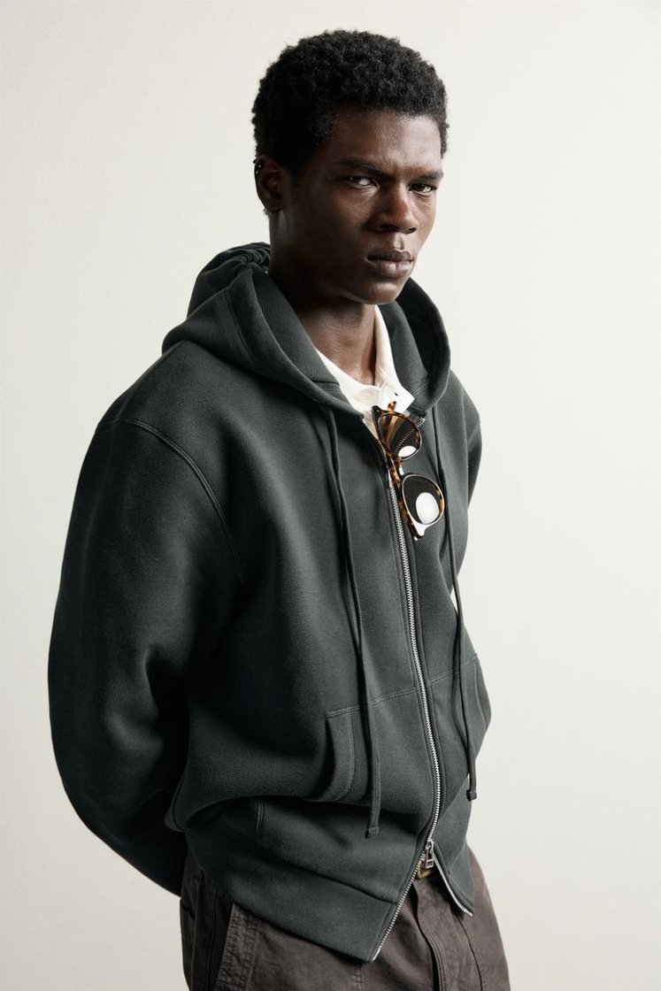 Zara Contrast Hooded Piqué Sweatshirt — Dark Grey