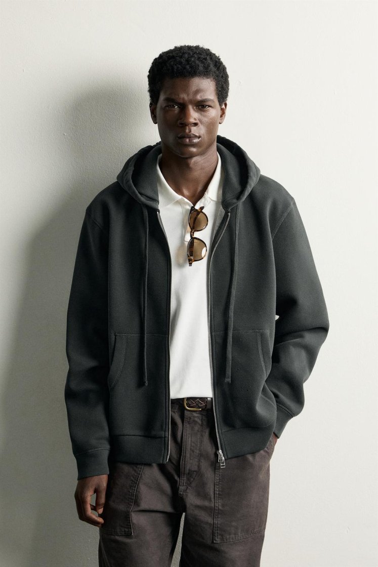 Zara Contrast Hooded Piqué Sweatshirt — Dark Grey