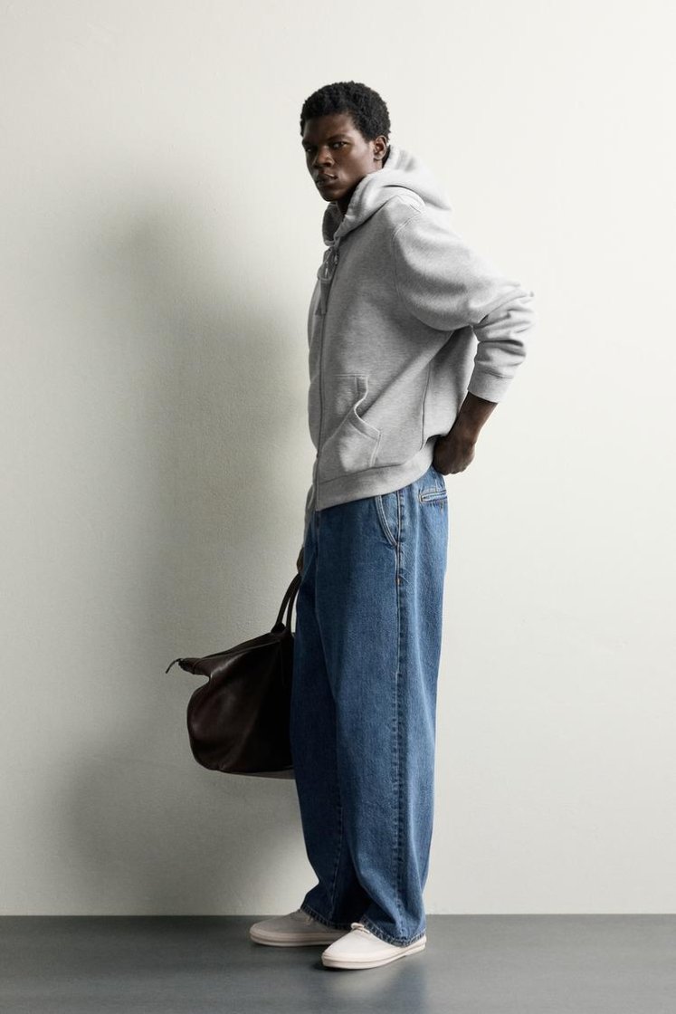 Zara Contrast Hooded Piqué Sweatshirt — Light Grey