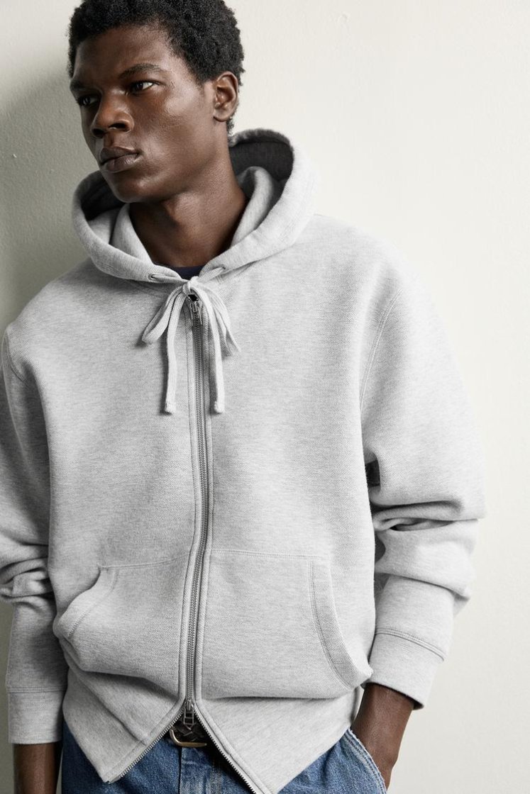 Zara Contrast Hooded Piqué Sweatshirt — Light Grey