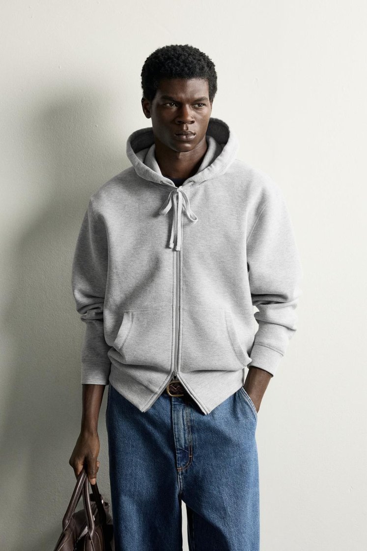Zara Contrast Hooded Piqué Sweatshirt — Light Grey