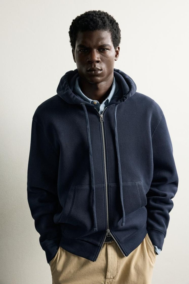 Zara Contrast Hooded Piqué Sweatshirt — Navy