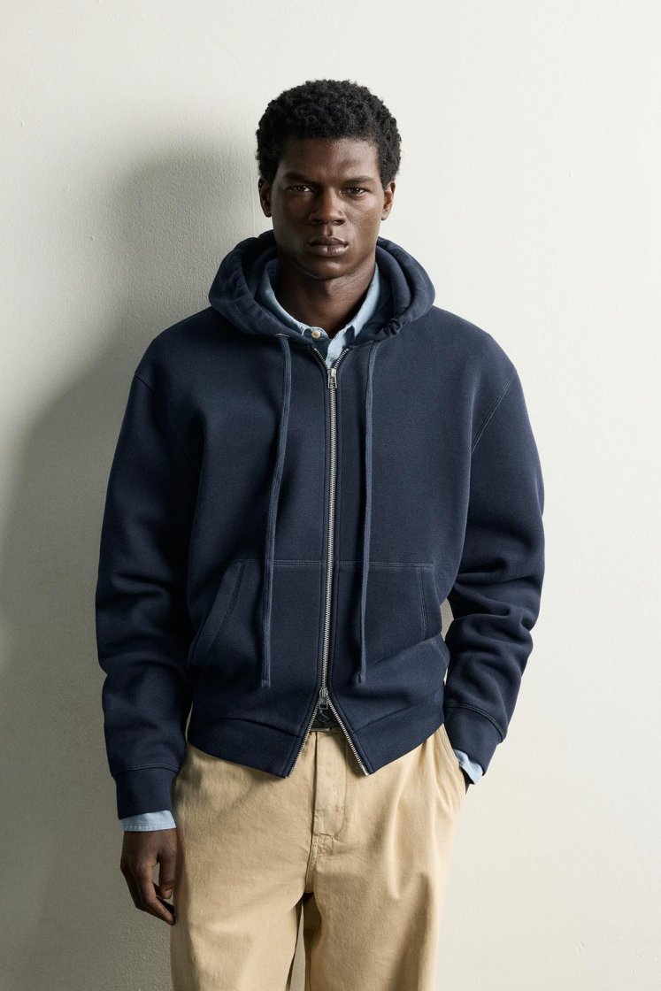Zara Contrast Hooded Piqué Sweatshirt — Navy