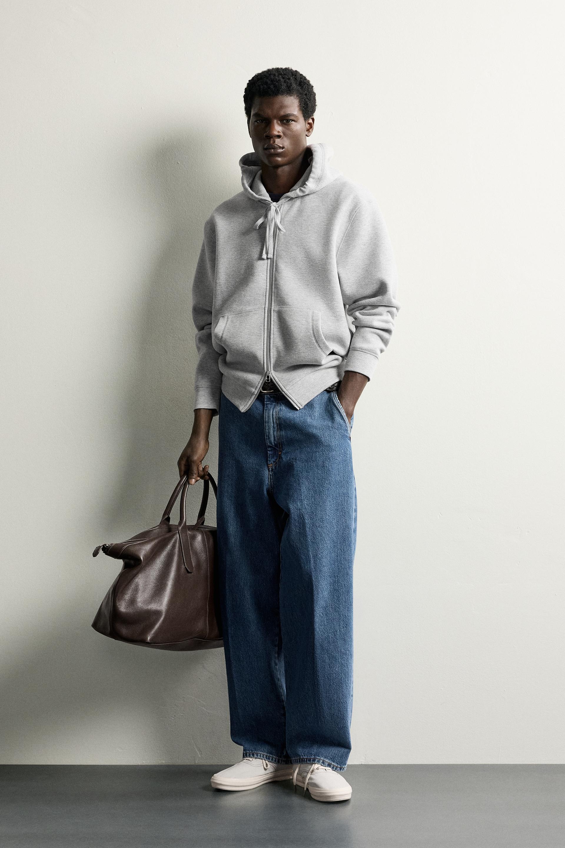 Zara Contrast Hooded Piqué Sweatshirt — Light Grey
