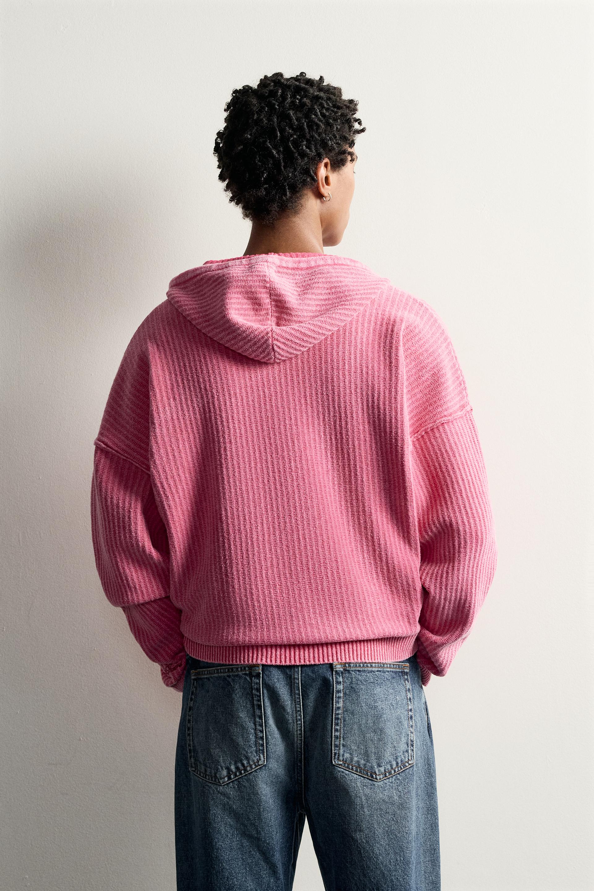 Zara SWEAT EN MAILLE À CAPUCHE ET ZIP — Rose