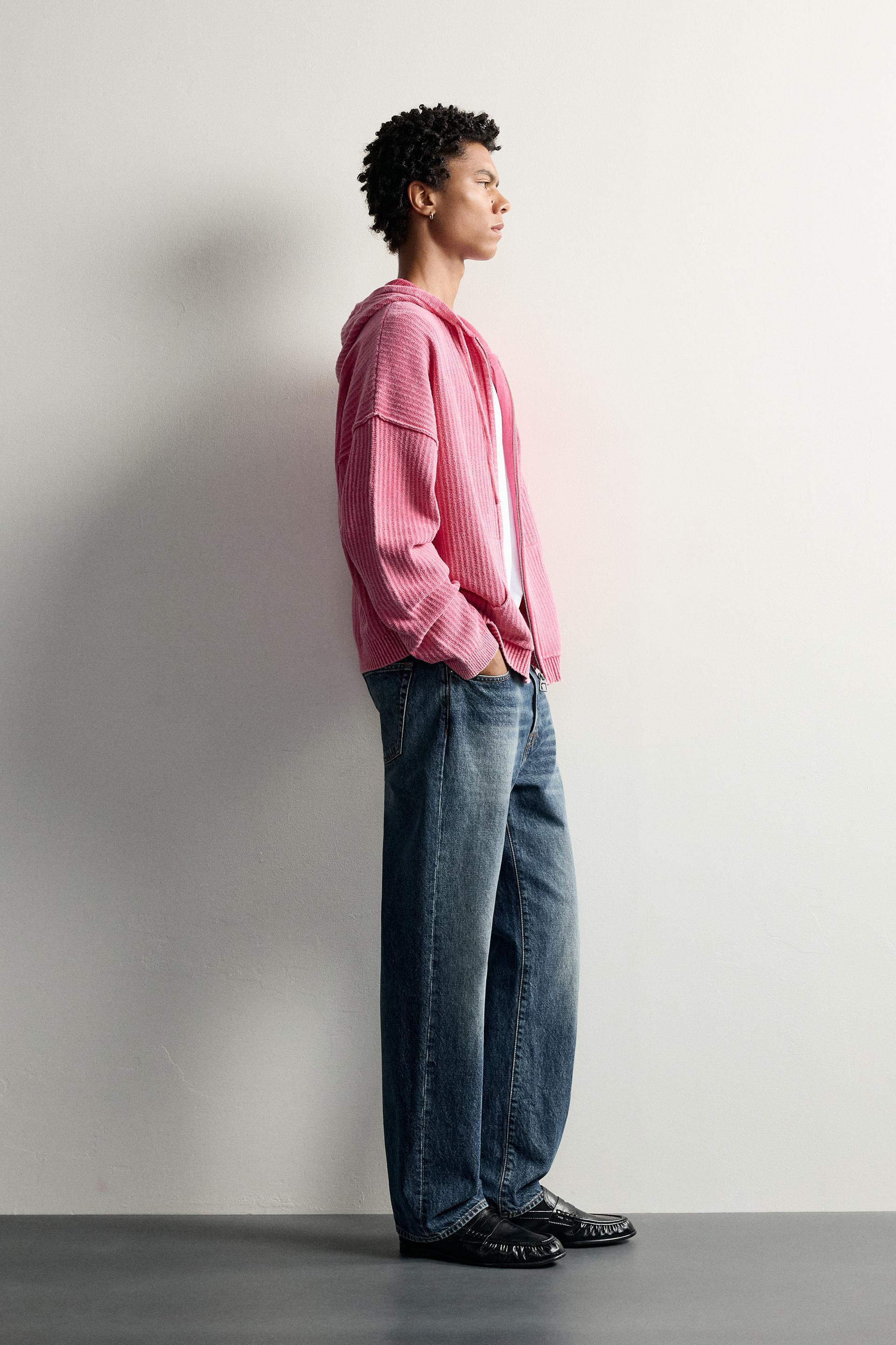Zara SWEAT EN MAILLE À CAPUCHE ET ZIP — Rose