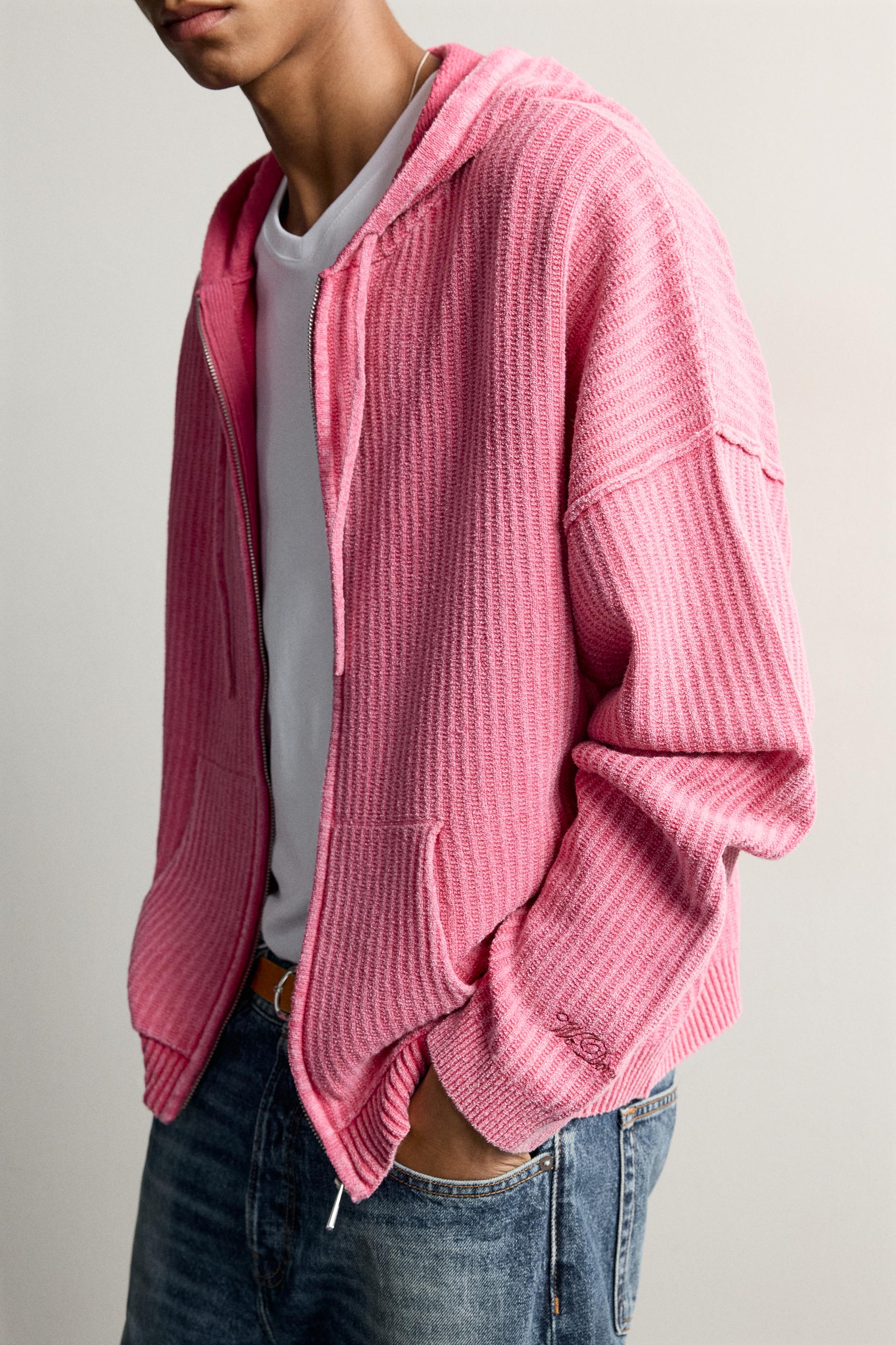 Zara SWEAT EN MAILLE À CAPUCHE ET ZIP — Rose