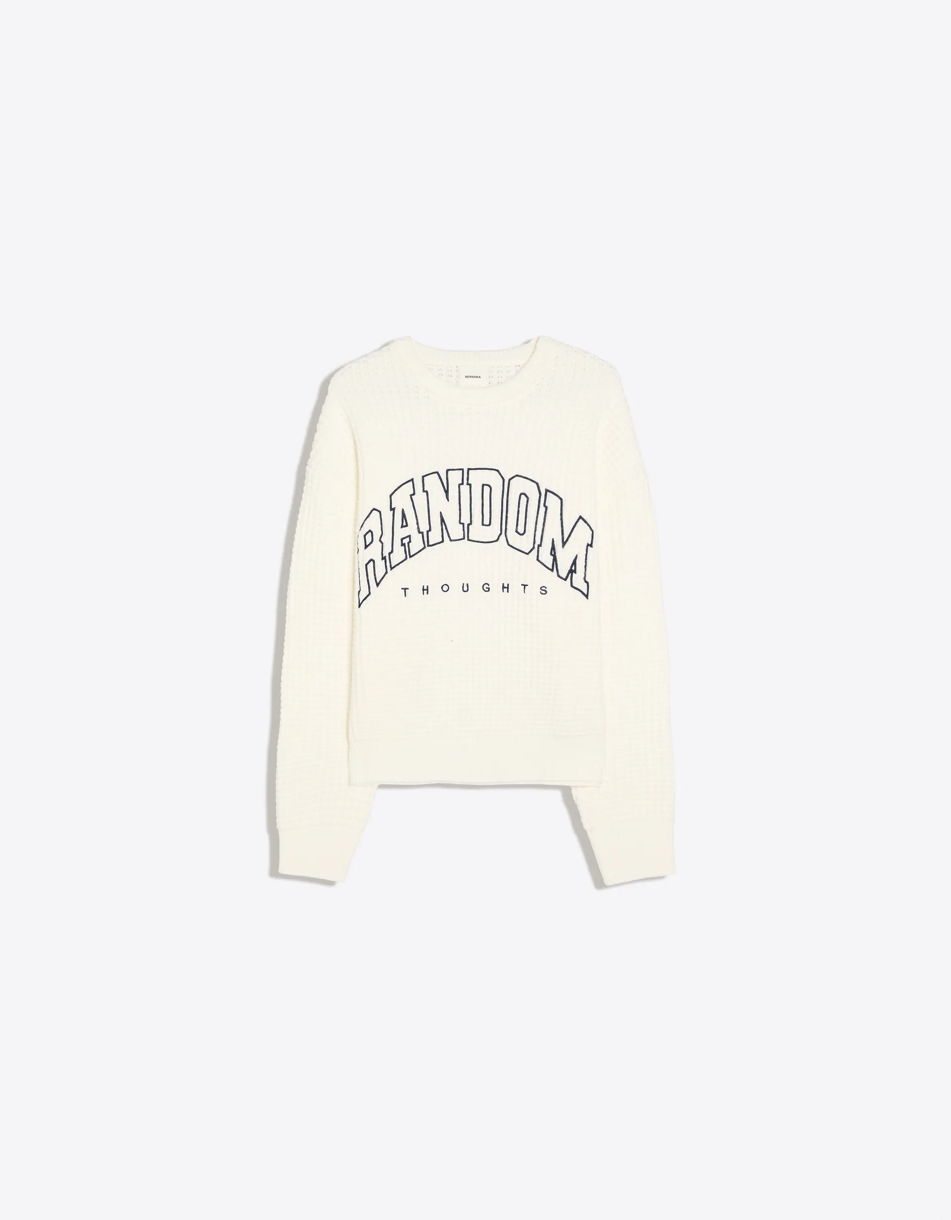 Bershka Pull à col rond gaufré brodé — Blanc cassé