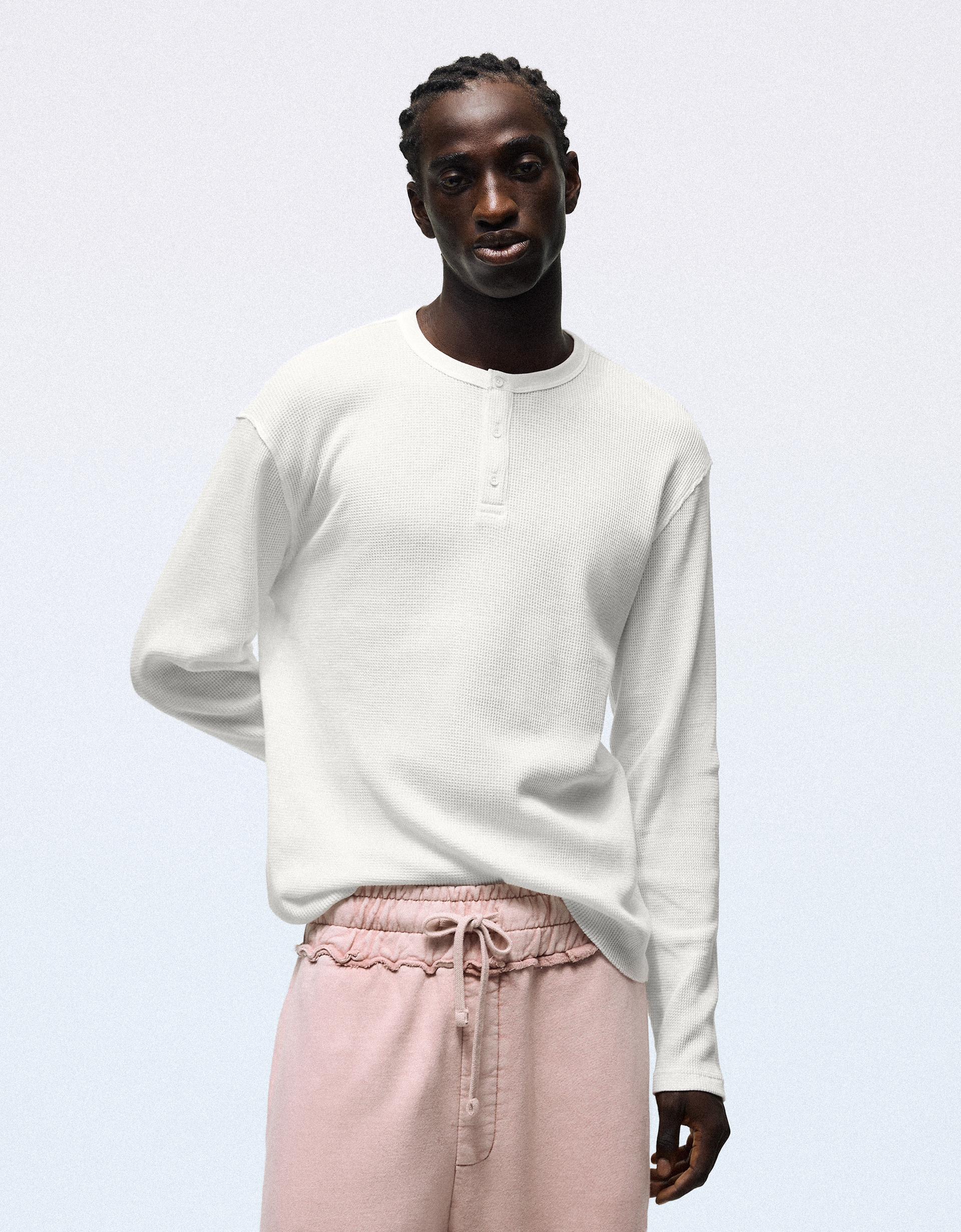 Bershka T-shirt slim à manches longues col tunisien — Blanc