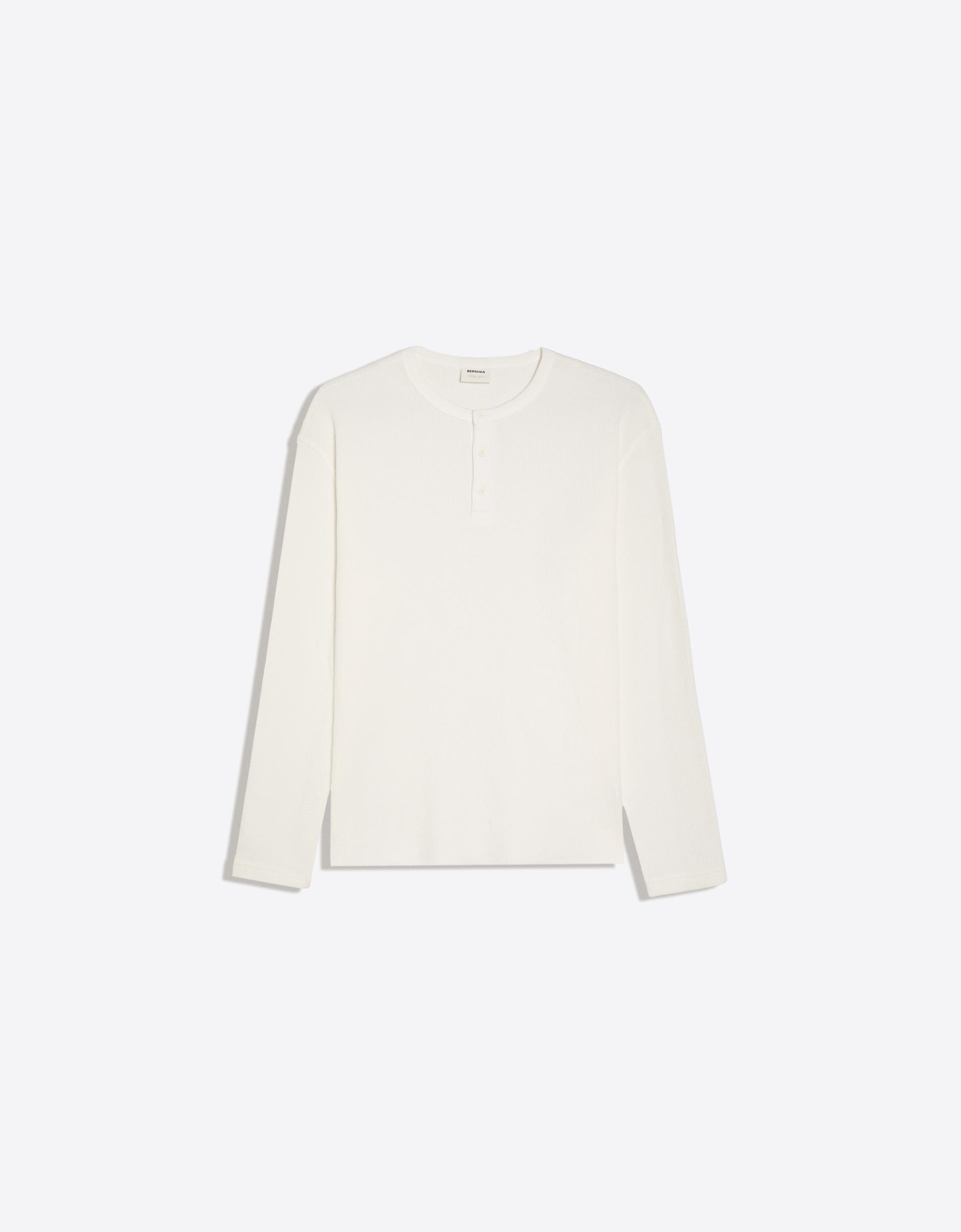 Bershka T-shirt slim à manches longues col tunisien — Blanc
