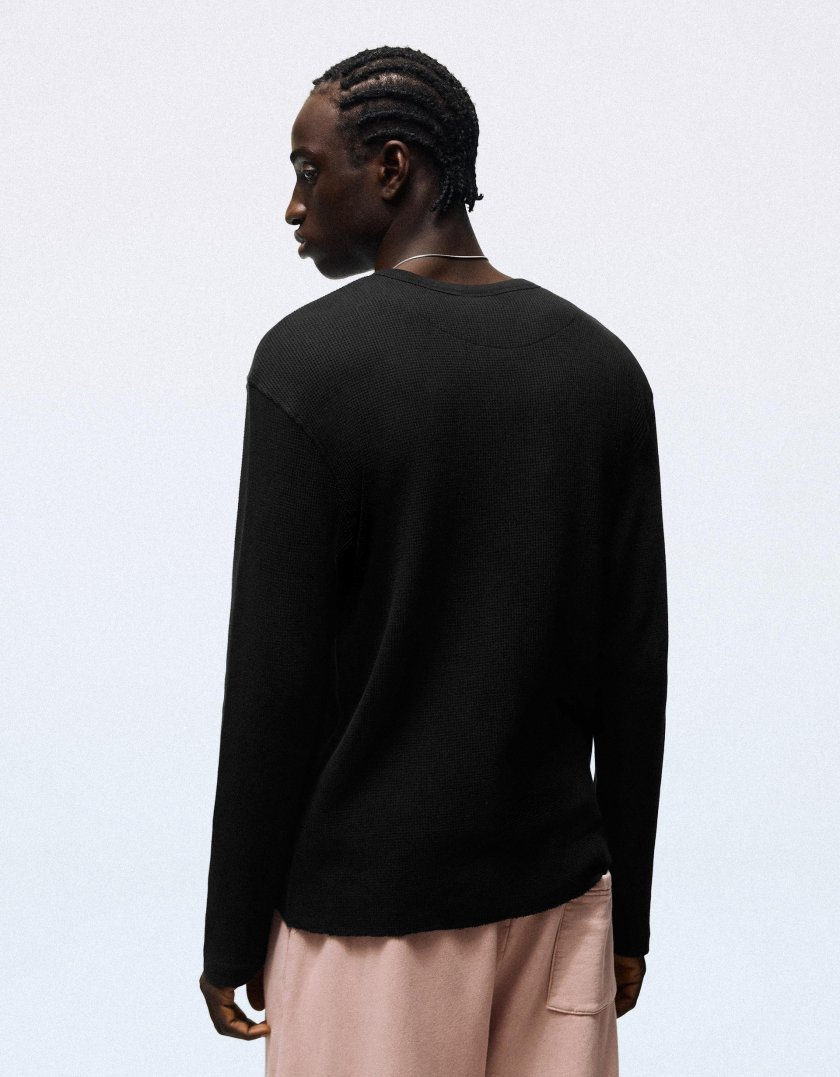 Bershka T-shirt slim à manches longues col tunisien — Black