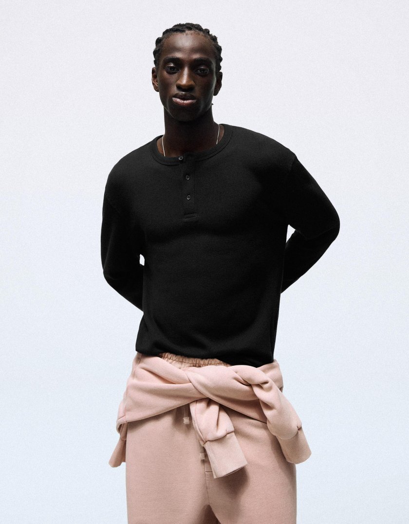 Bershka T-shirt slim à manches longues col tunisien — Black