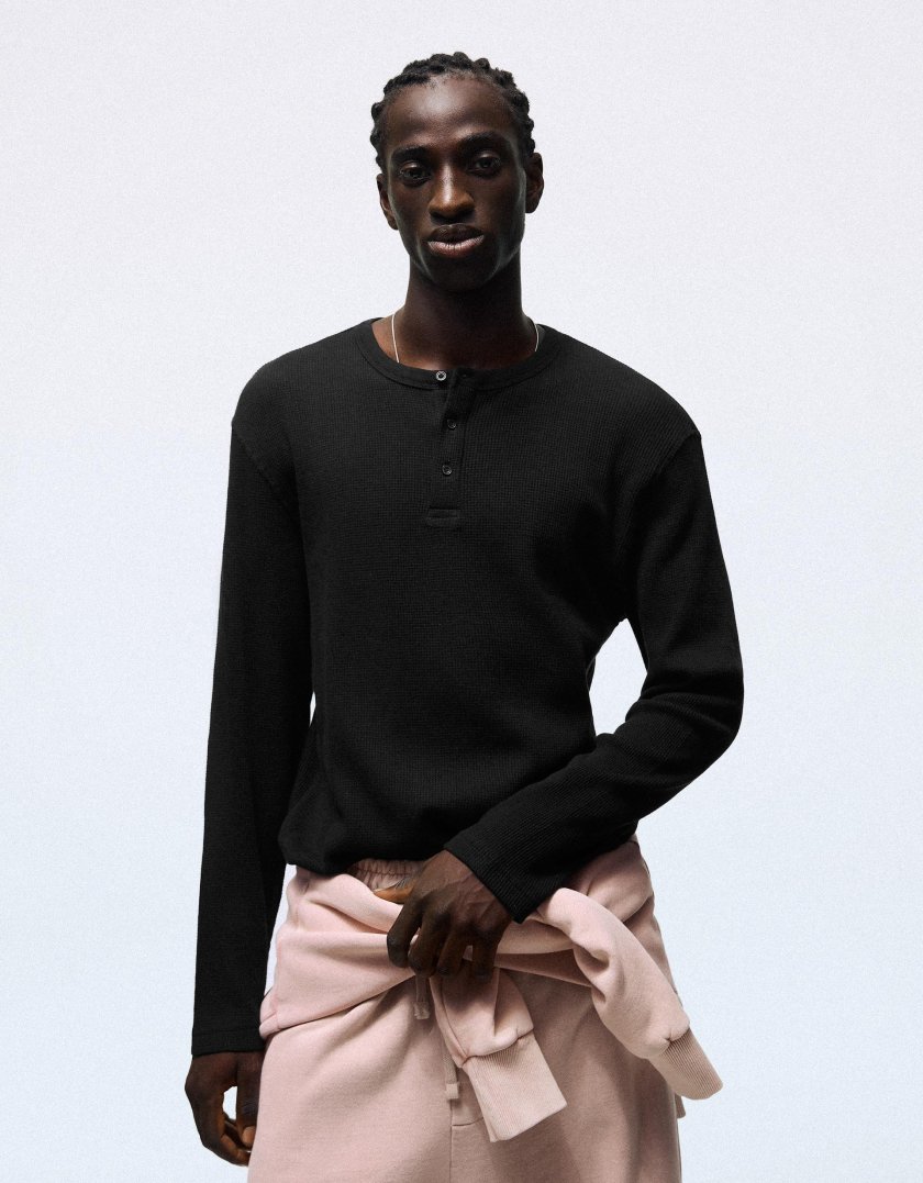 Bershka T-shirt slim à manches longues col tunisien — Black