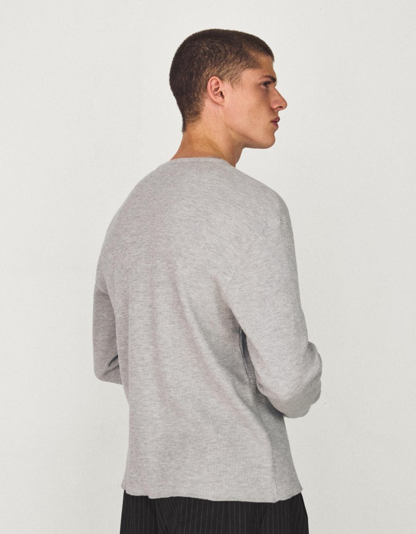 Bershka T-shirt slim à manches longues col tunisien — Grey