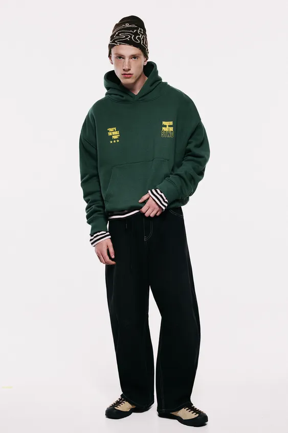 Pull&Bear Graphic Print Oversized Hoodie — Dark Green