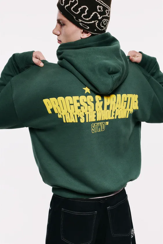 Pull&Bear Graphic Print Oversized Hoodie — Dark Green