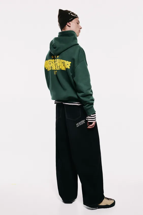 Pull&Bear Graphic Print Oversized Hoodie — Dark Green