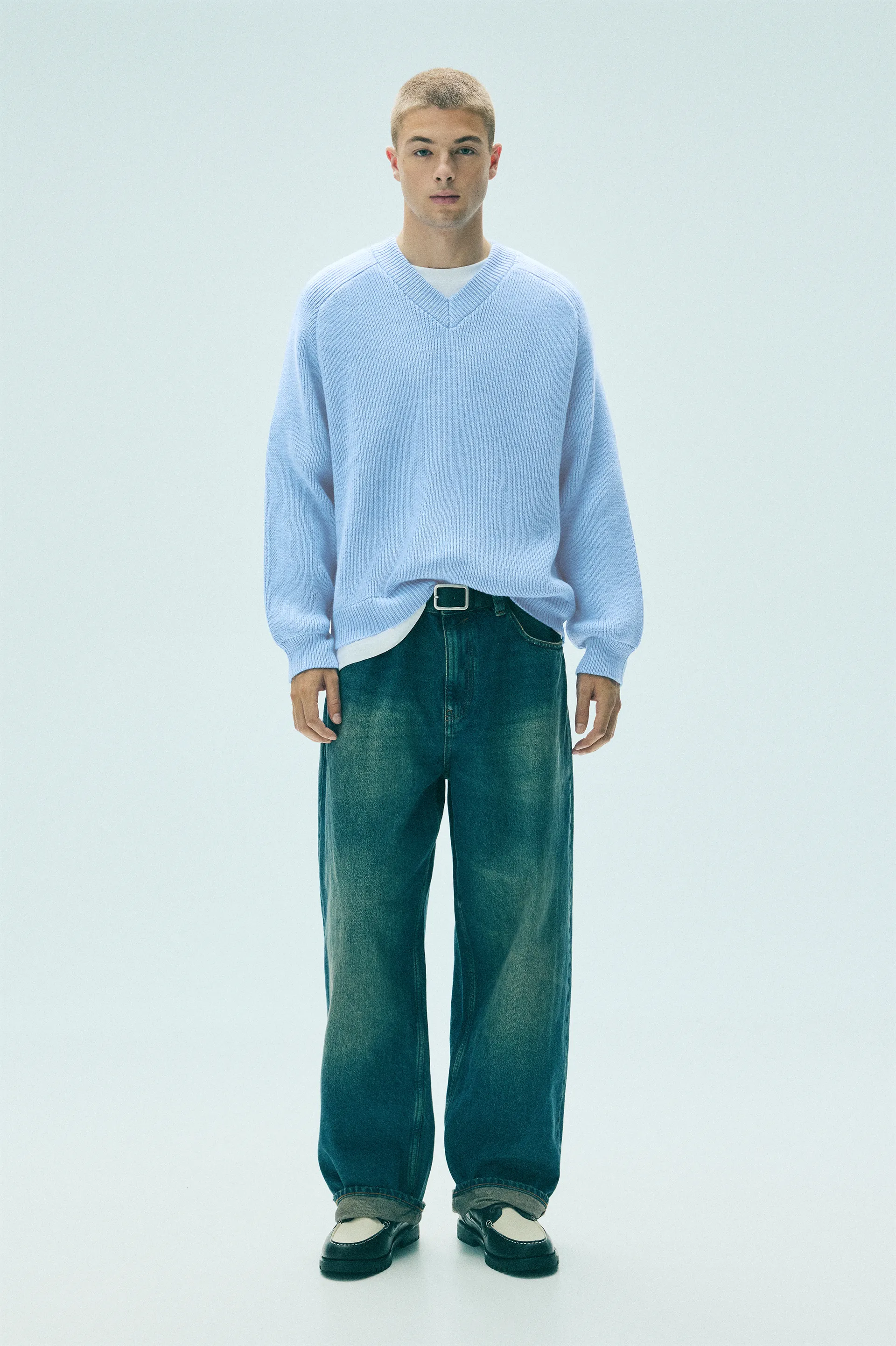 Pull&Bear English Stitch V-Neck Sweater — Sky Blue