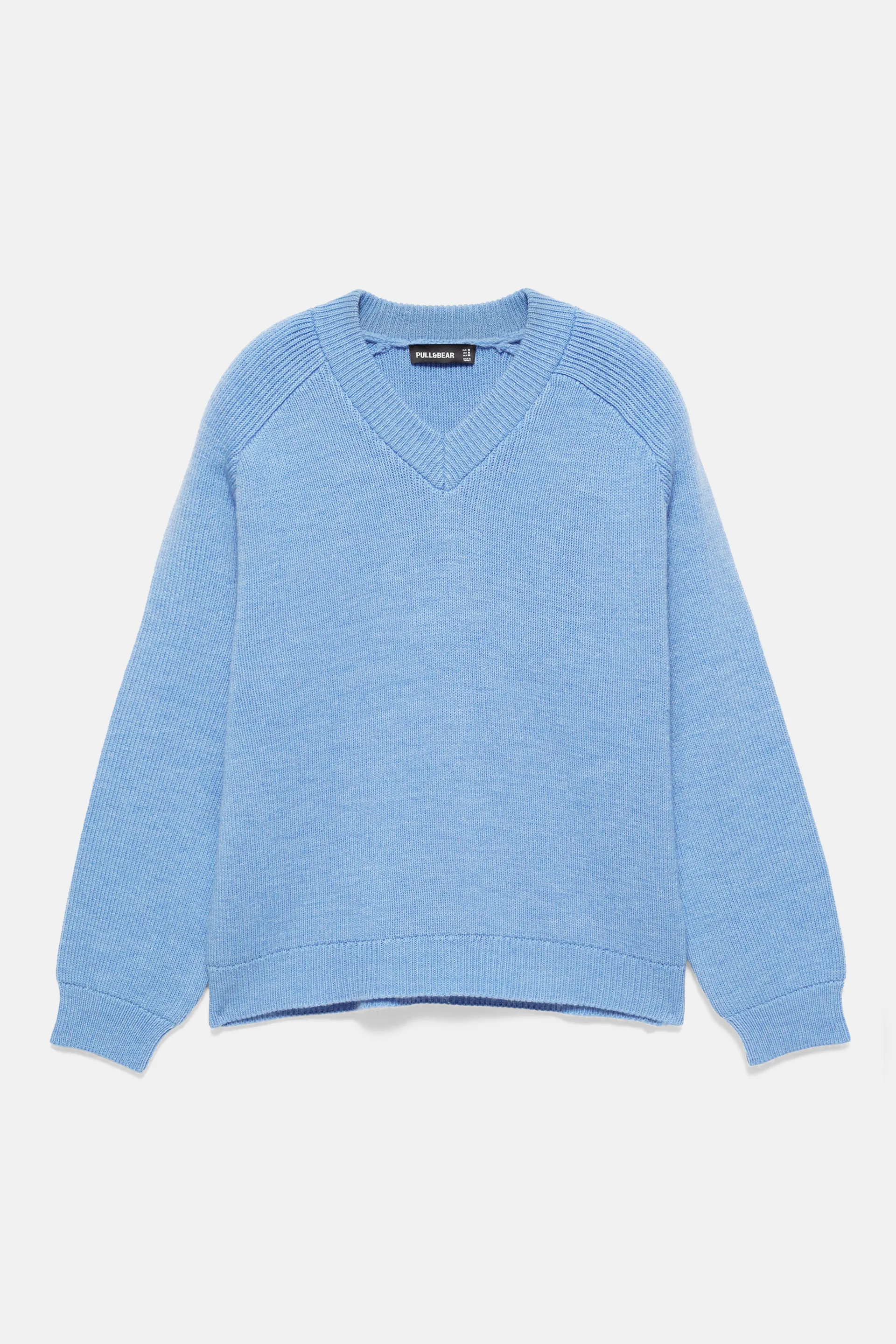 Pull&Bear English Stitch V-Neck Sweater — Sky Blue